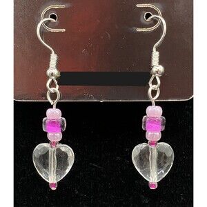 Handmade Clear Faceted Plastic Heart & Pink Glass Bead Earrings by Neanie-Bot